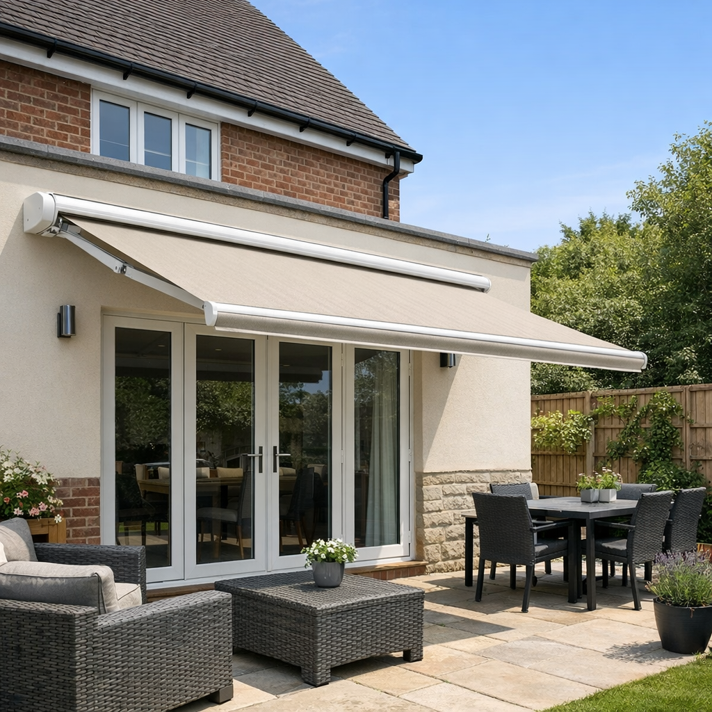 Cassette-style awning mounted above patio doors