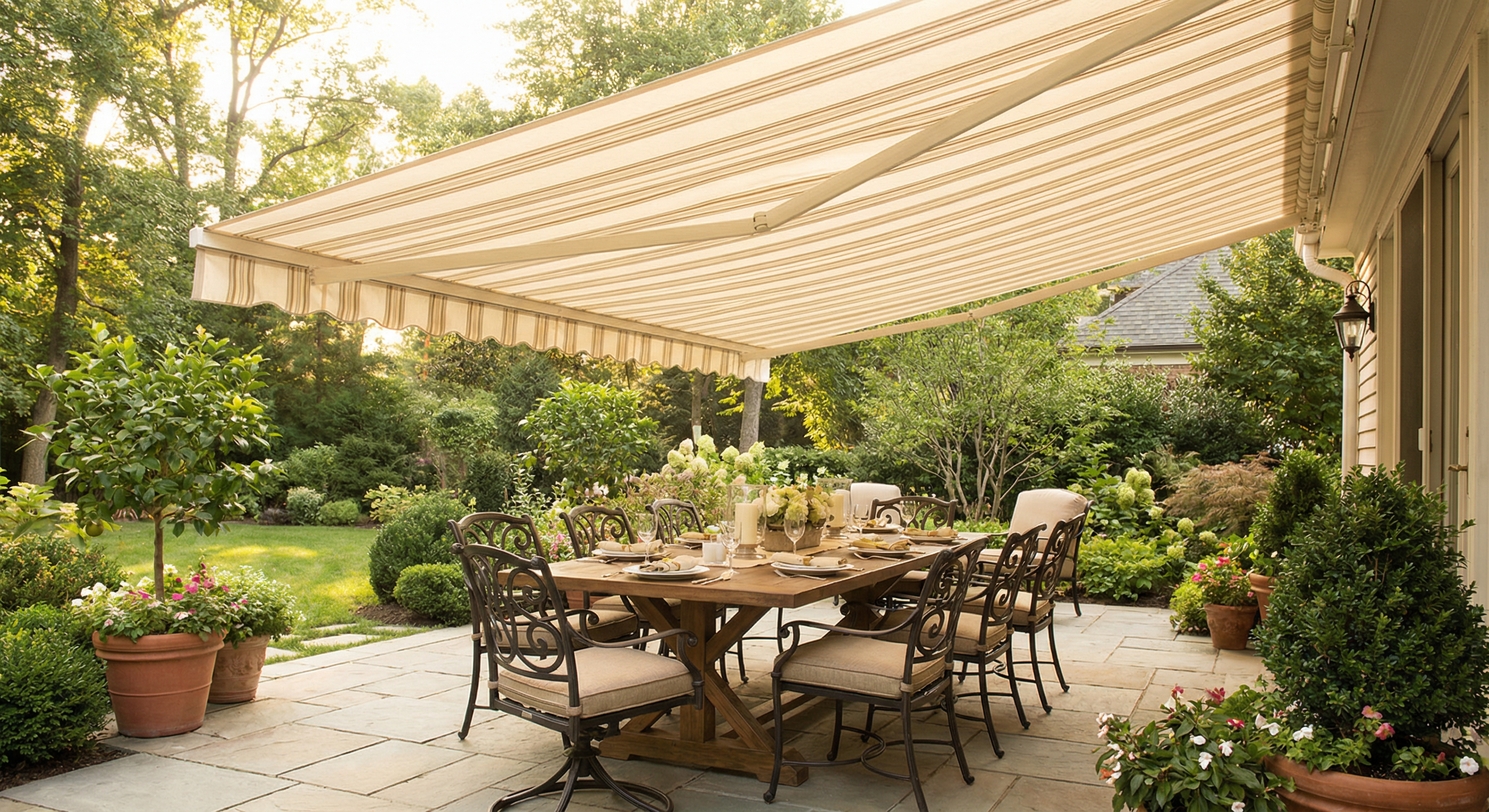 Patio awning providing shade over outdoor dining area