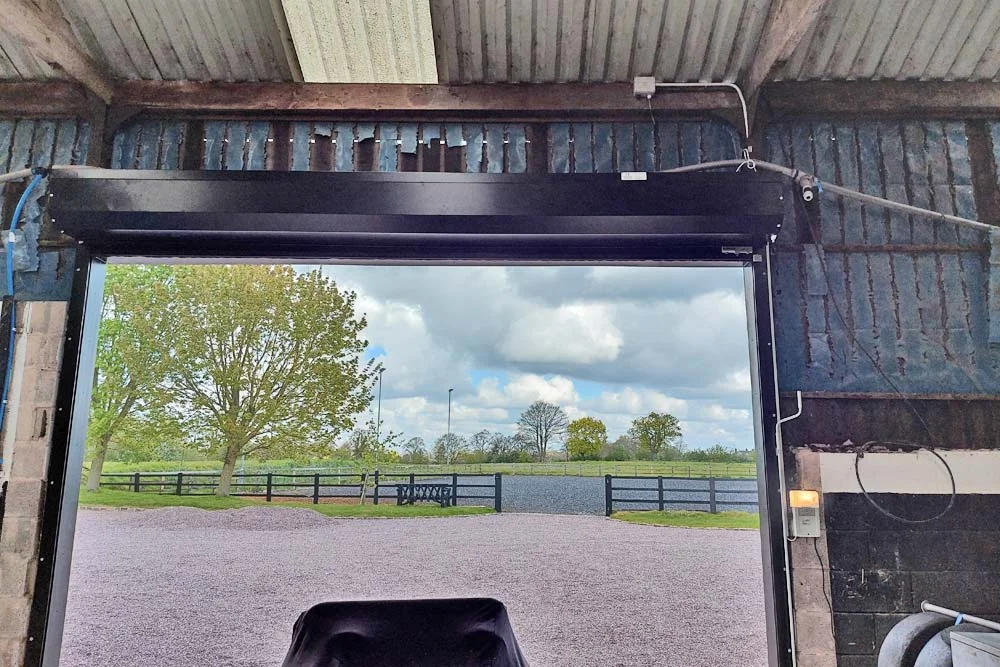 Black roller garage door close-up view
