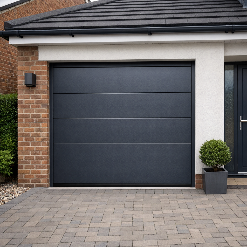 Anthracite grey sectional door on modern garage